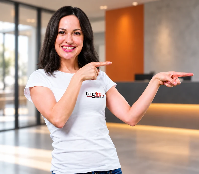 Mulher com camiseta da CarreTrip em cenário ilustrativo de recepção